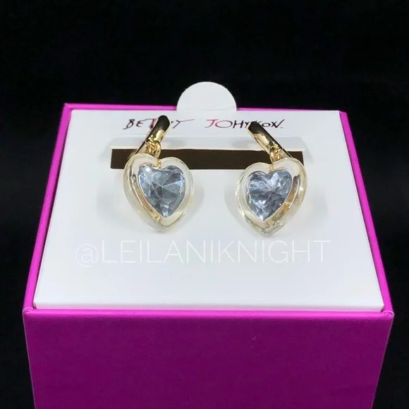 Betsey Johnson Gold Tone Crystal Heart Huggie Hoop Earrings - Picture 6 of 11